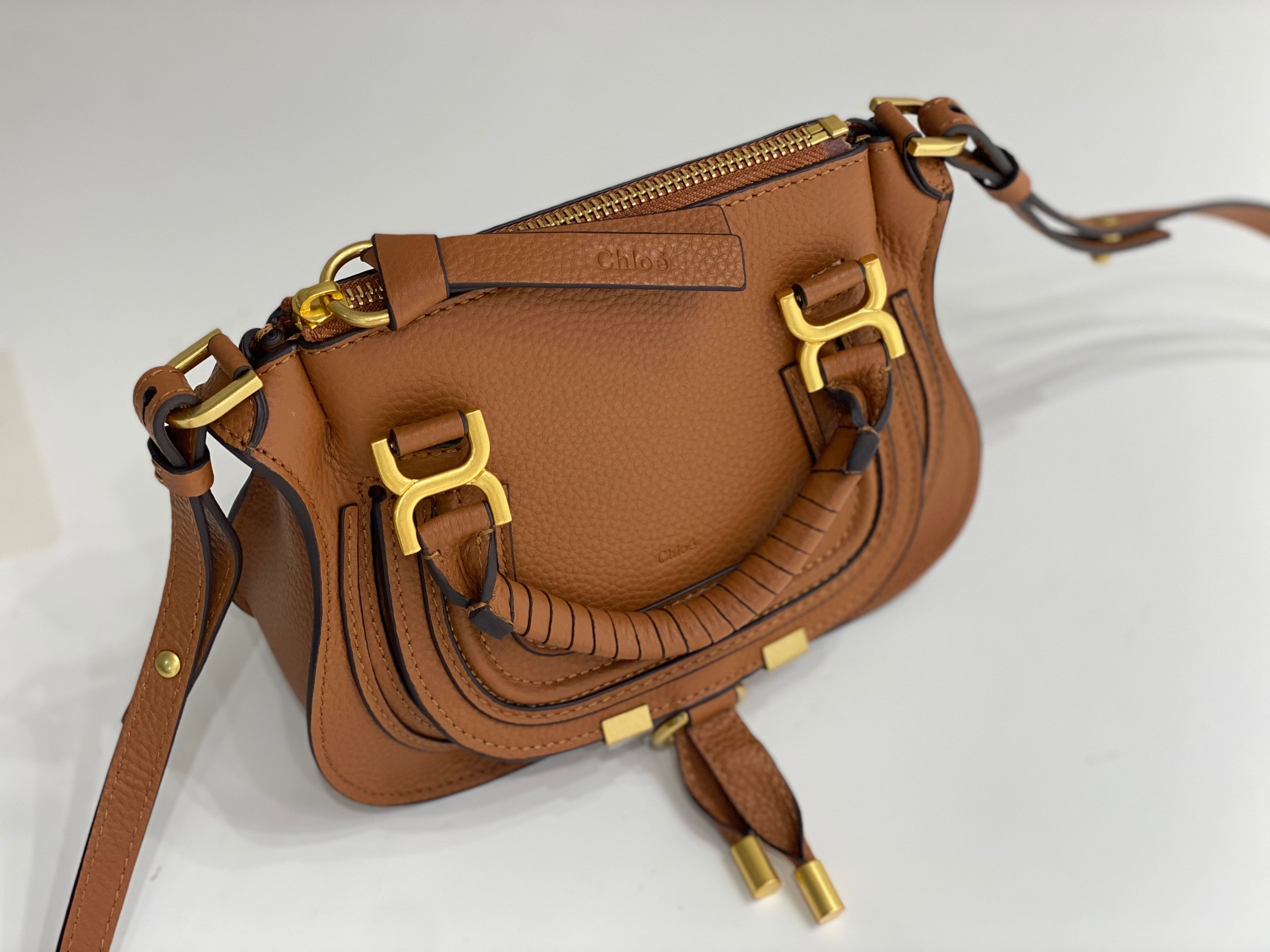 Chloe Mini Marcie Bag In Brown Grained Leather